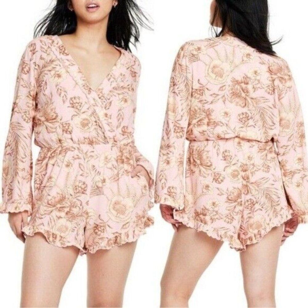 Agua Bendita Plus Size XL Pink White Floral Print Romper Flare Sleeve Ruffles